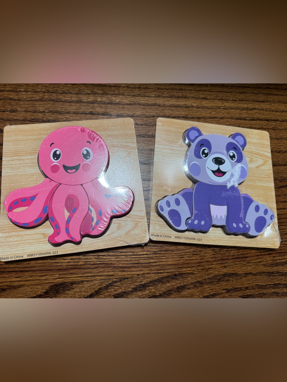 NEW NWT Wooden Pink Octopus and Purple Bear Kids Toy Puzzle Set